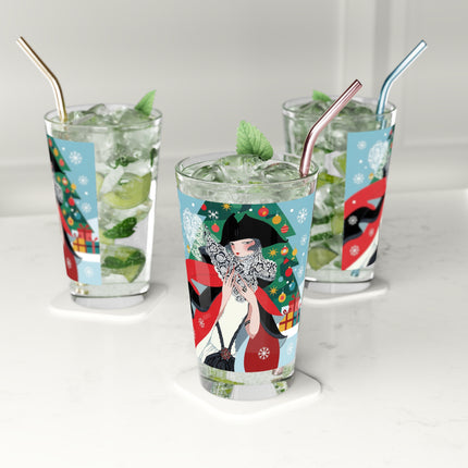 ❤️ The Lady Of The Crimson Scarf Pint Glass – Art Deco Christmas Elegance