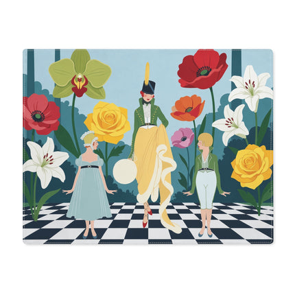 🌺🎩 The Lady And The Children In The Grand Flower Garden Placemat – Art Deco Fashion Illustration