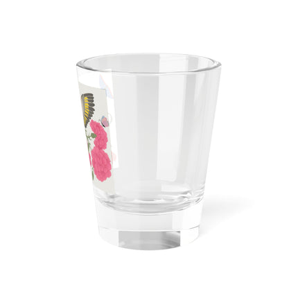Goldfinch & Pink Flowers Shot Glass – Vibrant Spring & Bold Beauty