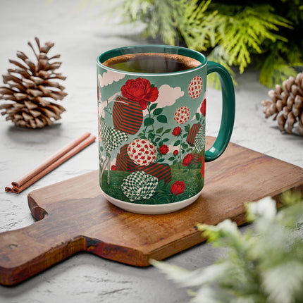 🌹💚 The Scarlet Rose Checkerboard Garden Colorful Mug – Art Deco Floral Whimsy
