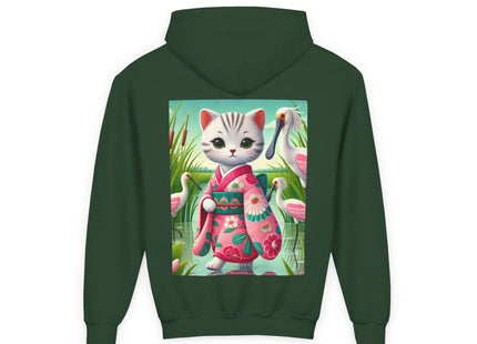 Geisha Kitten Strolls Among the Spoonbills Youth Heavy Blend Hooded Sweatshirt