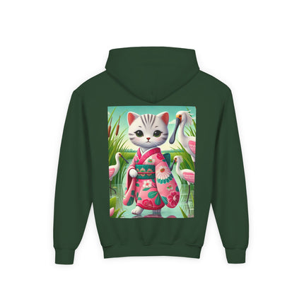 Geisha Kitten Strolls Among the Spoonbills Youth Hooded Sweatshirt – Graceful Nature & Whimsical Charm