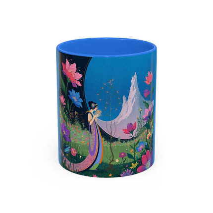 The Lady And The Moonlit Peak Colorful Mugs – Art Deco Alpine Garden Elegance