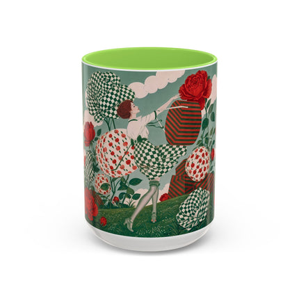 🌹💚 The Scarlet Rose Checkerboard Garden Colorful Mug – Art Deco Floral Whimsy