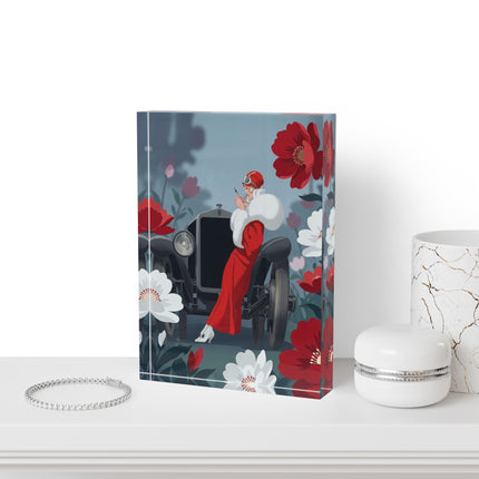 ❤️🚘 The Lady Of The Red Roadster Acrylic Art Block – Art Deco Motoring Elegance