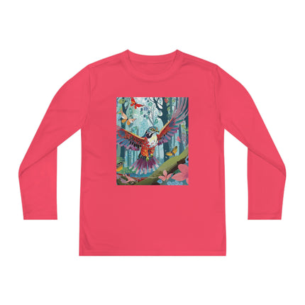 A Colorful Raptor Youth Long Sleeve Competitor Tee – Dino Adventure & Forest Wonder