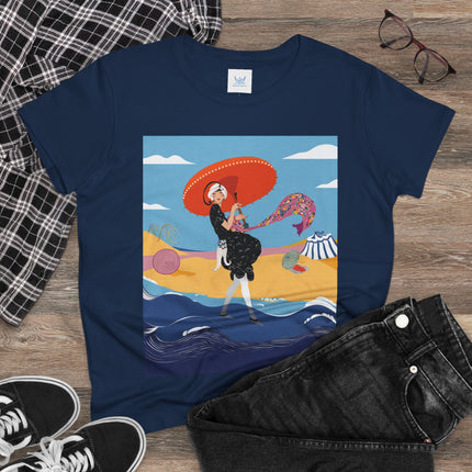Beachside Promenade Women's Midweight Cotton Tee – Summer Glamour & Coastal Joy