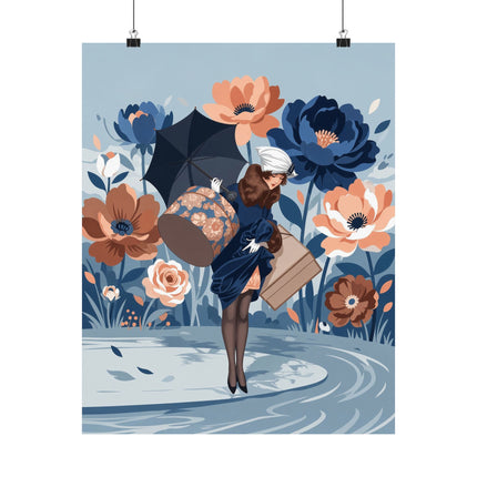 ☂️🌸 The Lady Of The Grand Floral Journey Matte Vertical Poster – Art Deco Fashion Illustration