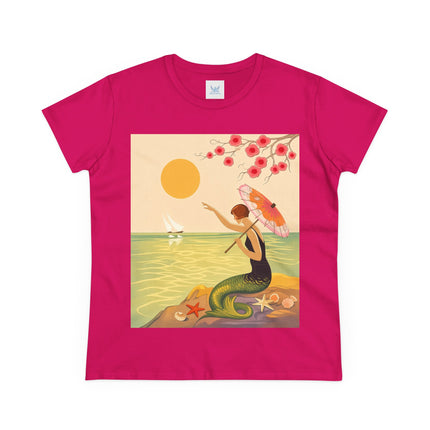 🧜‍♀️🌸 The Mermaid Beneath The Blossoms Cotton Tee – Art Deco Seaside Fantasy