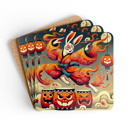 Jack-O’-Lantern Drums & The Kabuki Rabbit Corkwood Coaster Set