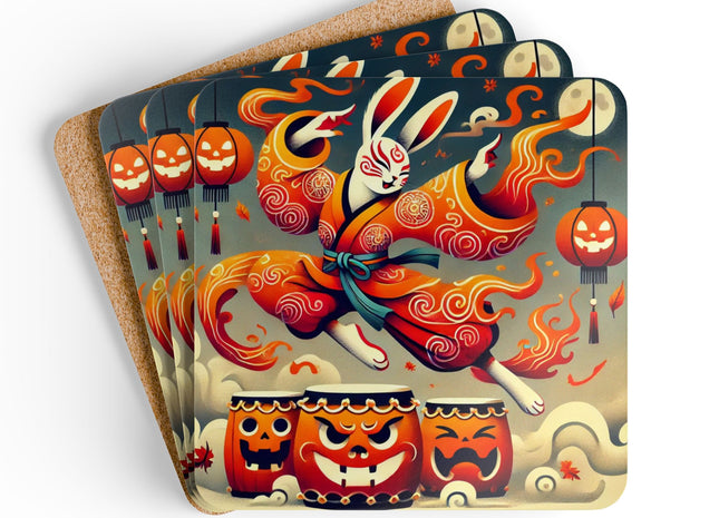 Jack-O’-Lantern Drums & The Kabuki Rabbit Corkwood Coaster Set
