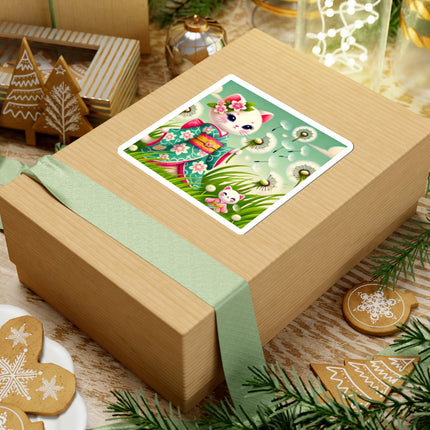 🌾🌼 Geisha Kitten and the Dandelion Wish Kiss-Cut Sticker – Gentle Wishes & Quiet Wonder