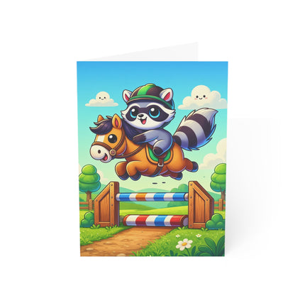 🦝🐴 The Little Raccoon Horse Jumper Greeting Card – Whimsical Animal Adventure