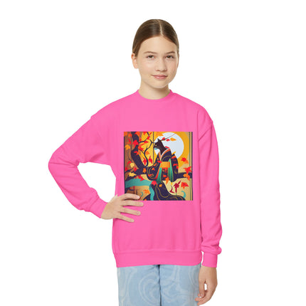 Black Cat in Kimono Youth Crewneck Sweatshirt