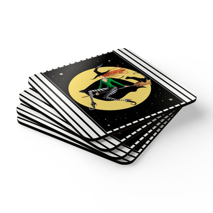 A Witch’s Moonlit Flight Corkwood Coaster Set