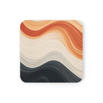 Wave Pattern in Hues of Beige, Orange, Grey, and Black Cork Back Coaster