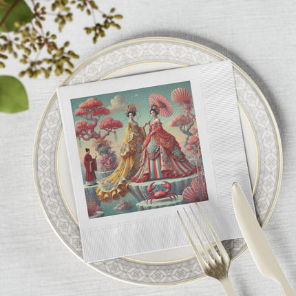 Cherry Blossom Courtesans & Crimson Crab White Coined Napkins – Imperial Elegance & Playful Charm