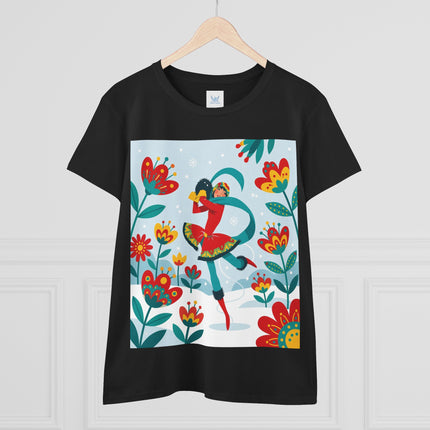 ⛸️🌺 The Winter Flower Skater Cotton Tee – Whimsical Winter Fashion