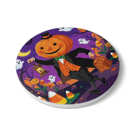 🎃🏮 The Pumpkin Gentleman’s Moonlit Stroll Ceramic Coaster – Whimsical Halloween Charm