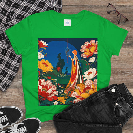 🌺🐦 The Enchanted Birdcage Garden Cotton Tee – Art Deco Floral Fantasy