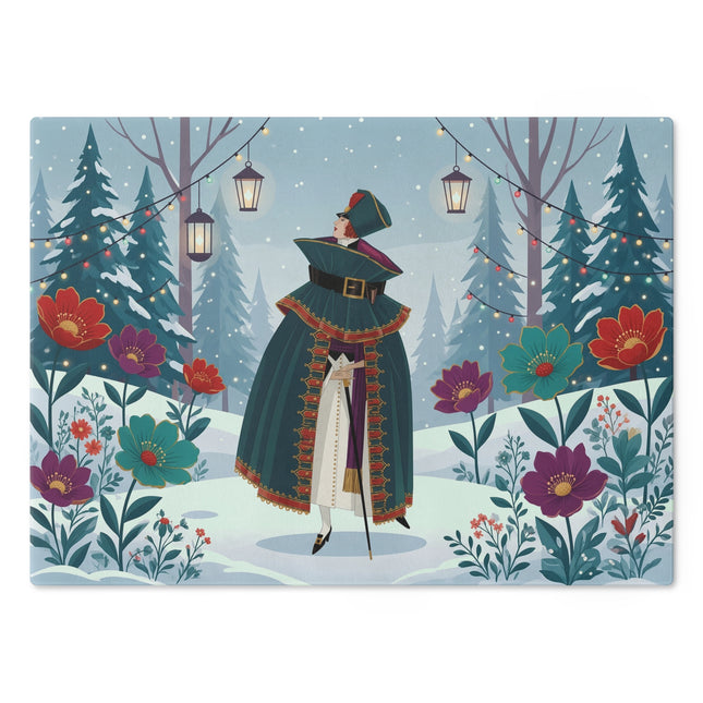 🏮❄️ The Winter Lantern Promenade Glass Cutting Board – Art Deco Holiday Fantasy