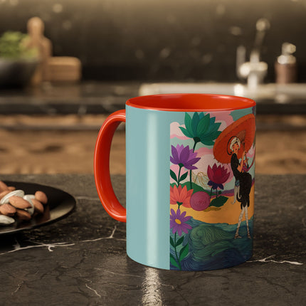 The Lady Of The Coral Parasol Colorful Mugs – Art Deco Coastal Elegance