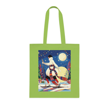 🎿🌙 The Moonlit Christmas Skier Cotton Tote Bag – Art Deco Holiday Adventure