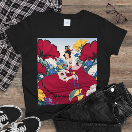 ❤️🌺 The Scarlet Garden Storybook Cotton Tee – Art Deco Floral Elegance