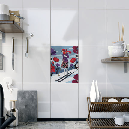 🎿🌺 The Winter Flower Skier Ceramic Tile – Art Deco Alpine Fantasy