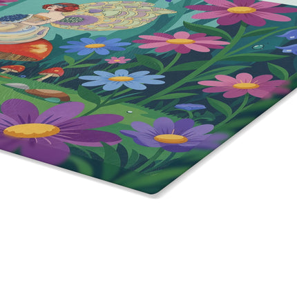 🧚🍄 The Lady Of The Enchanted Mushroom Garden Glass Cutting Board – Art Deco Fairy Garden Fantasy