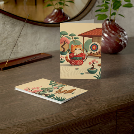 🏹🌸 The Cherry Blossom Archer Kitten Greeting Card – Whimsical Japanese Garden