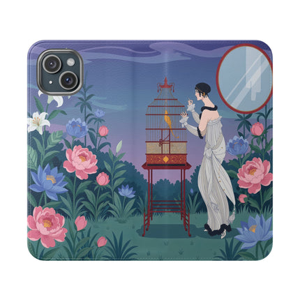 🐦🌸 The Lady And The Golden Bird Flip Case – Art Deco Floral Reverie