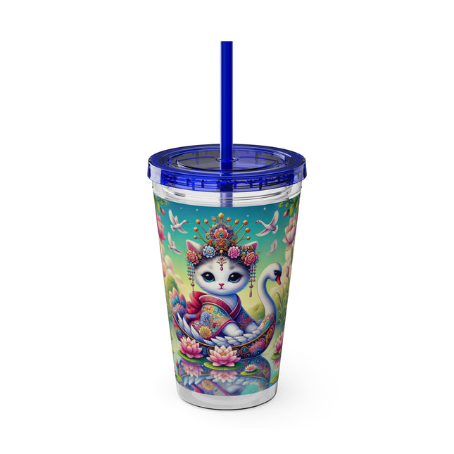 Geisha Kitten’s River Voyage Sunsplash Tumbler with Straw, 16oz