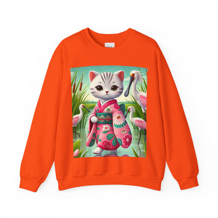 Geisha Kitten Strolls Among the Spoonbills  Unisex Heavy Blend™ Crewneck Sweatshirt
