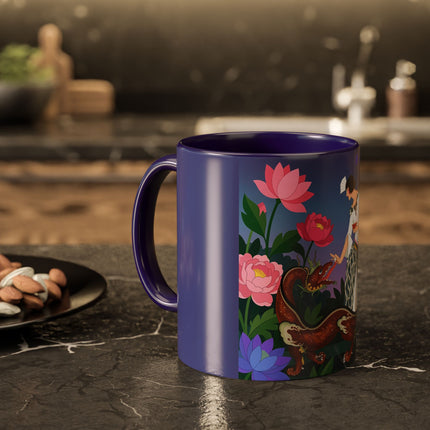 The Lady And The Garden Dragon Colorful Mugs – Art Deco Mythical Botanical Elegance
