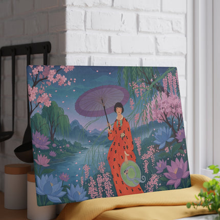 🌸☂️ The Lady Of The Lotus Garden Glass Cutting Board – Art Deco Oriental Floral Elegance