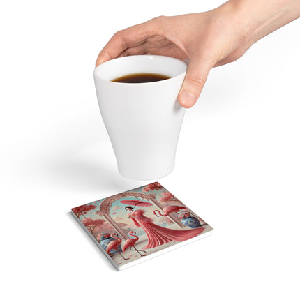 Petals, Porcelain, and Flamingos Ceramic Coaster
