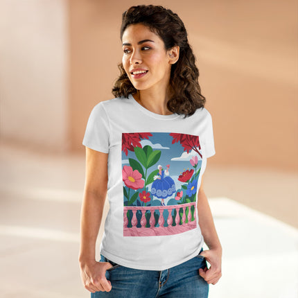 🌸💙 The Lady Of The Flower Terrace Cotton Tee – Colorful Art Deco Garden Elegance