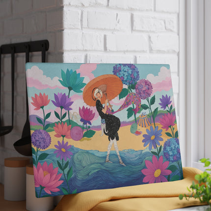 🌸☂️ The Lady Of The Painted Parasol Glass Cutting Board – Art Deco Floral Seaside Elegance