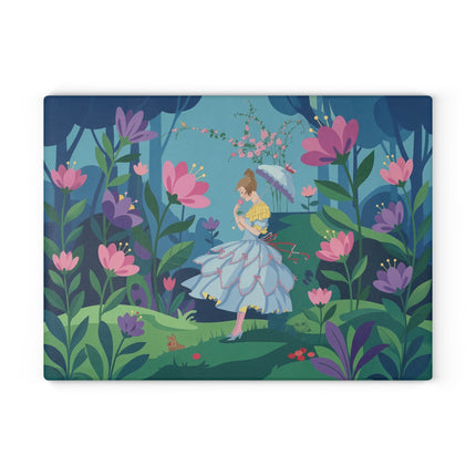 🌸🐇 The Lady Of The Secret Flower Wood Glass Cutting Board – Art Deco Enchanted Garden Fantasy