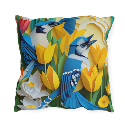 Blue Jays in a Spring Garden Outdoor Pillows