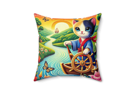 Sailor Kitten’s River Adventure Spun Polyester Square Pillow