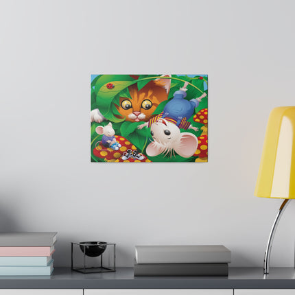 Whimsical Adventure – Playful Cat and Mice in a Colorful Forest