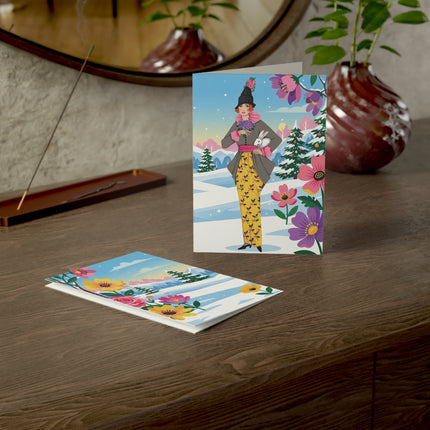 🐇🌸 The Lady Of The Winter Rabbit Greeting Card – Art Deco Holiday Fantasy