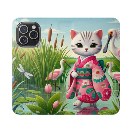 🦩🌸 Geisha Kitten Strolls Among the Spoonbills Flip Case – Serene Grace & Marshland Wonder