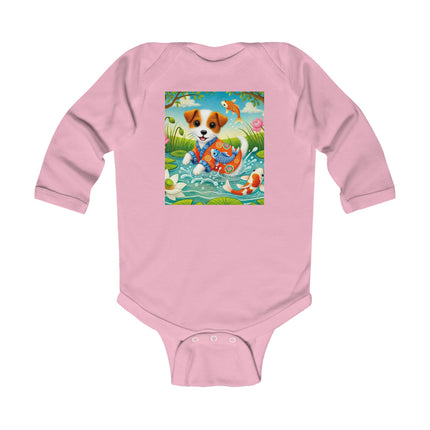 Koi Pond Puppy Baby Long Sleeve Bodysuit – Whimsical Koi & Kimono Design