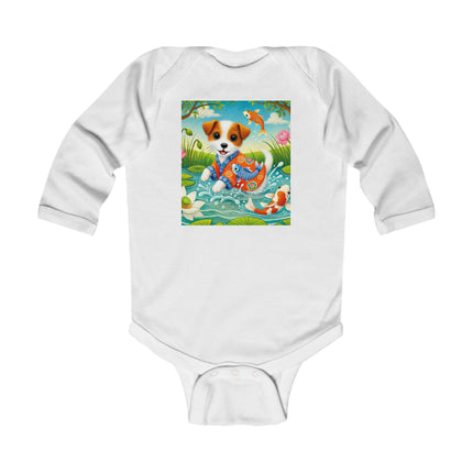 Koi Pond Puppy Baby Long Sleeve Bodysuit – Whimsical Koi & Kimono Design