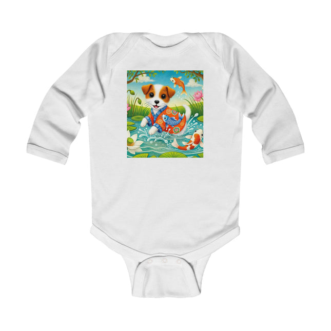 Koi Pond Puppy Baby Long Sleeve Bodysuit – Whimsical Koi & Kimono Design