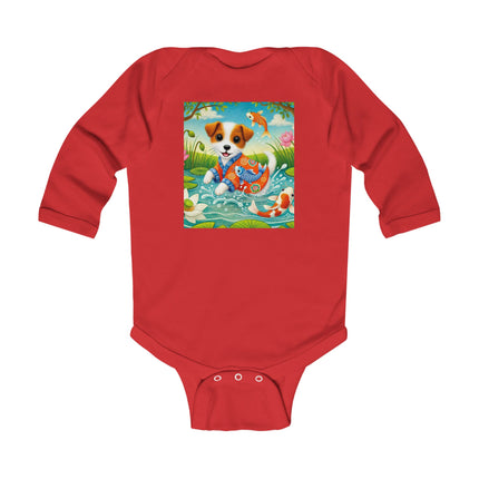 Koi Pond Puppy Baby Long Sleeve Bodysuit – Whimsical Koi & Kimono Design