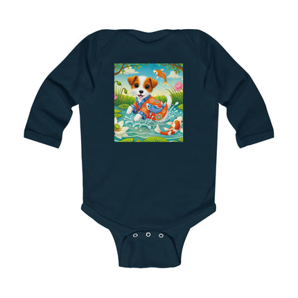 Koi Pond Puppy Baby Long Sleeve Bodysuit – Whimsical Koi & Kimono Design